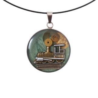 Light Turquoise Steampunk Train Pendant with Mechanical Detail