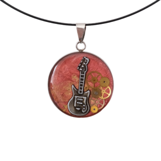 Red Electric Guitar Steampunk Pendant with Gear Detail