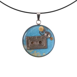 Blue Retro Cassette Pendant with Mechanical Accents