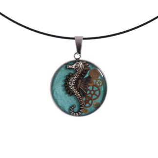 Light Turquoise Seahorse Mechanical Art Pendant