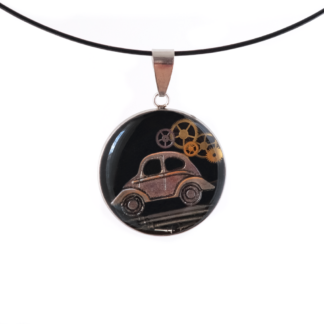 Vintage Car Steampunk Pendant on Black Base
