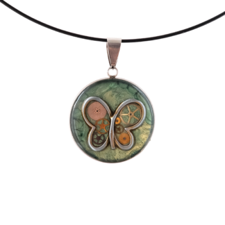 Steampunk Butterfly Pendant on Textured Green Base