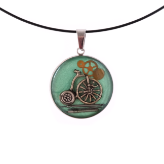 Vintage Bicycle Steampunk Pendant on Green Base