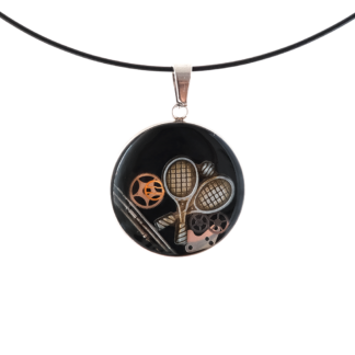 Crossed Tennis Rackets Steampunk Pendant on Black