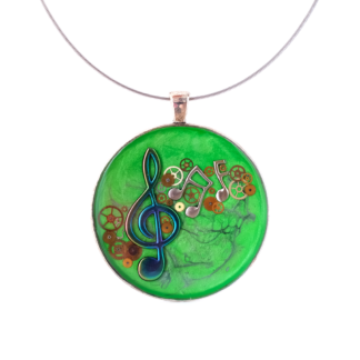 Steampunk Treble Clef Pendant on Green Hand-Painted Base