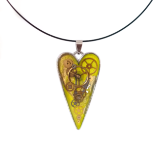 Steampunk Yellow Heart Pendant with Exposed Watch Mechanics