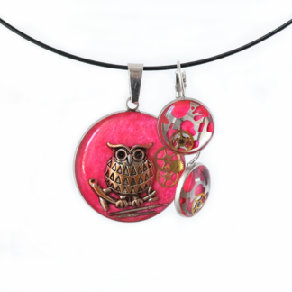 Steampunk Owl Pink Resin Set with Watch Parts
