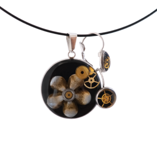 Black Industrial Flower Jewelry Set with Mechanical Accents