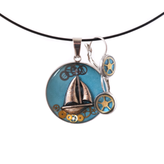 Turquoise Steampunk Sailboat Jewelry Set with Gear Details