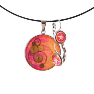 Pink and Orange Abstract Steampunk Resin Jewelry Set
