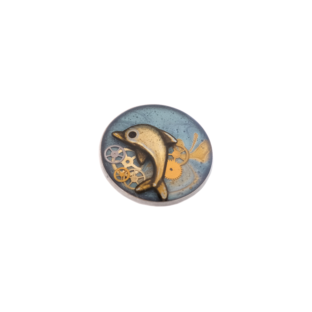 Handmade brooch composed of recycled watch parts and resin