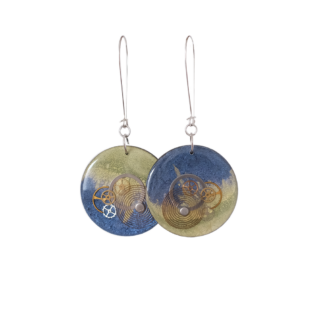 Industrial Blue and Green Wooden Earrings with Watch Parts
