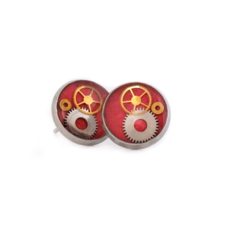 Crimson Steampunk Gear Stud Earrings