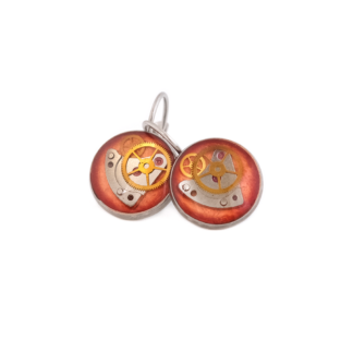 Orange Gearwheel Leverback Earrings with Upcycled Watch Parts