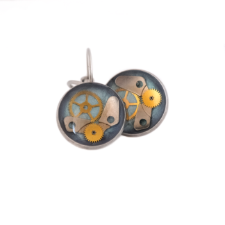 Blue Mechanical Plate Leverback Steampunk Earrings
