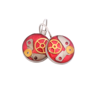 Bold Red Gear Leverback Industrial Earrings
