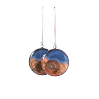 Blue and Orange Industrial Gear Drop Earrings with Recycled Watch Parts