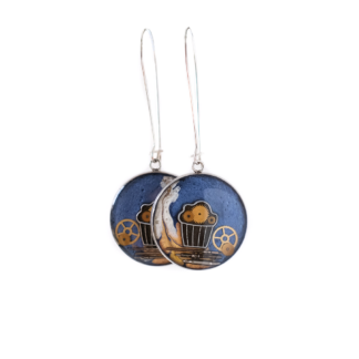 Blue Steampunk Cupcake Drop Earrings with Mechanical Detail