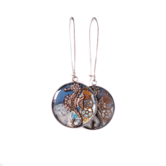 Blue Steampunk Seahorse Drop Earrings with Mechanical Detail