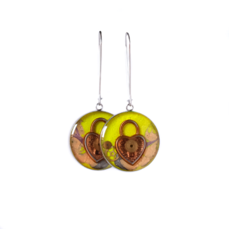 Yellow Steampunk Heart Drop Earrings with Recycled Watch Parts