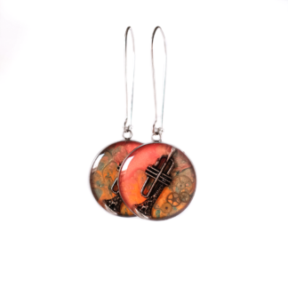 Orange Steampunk Trumpet Drop Earrings with Mechanical Detail