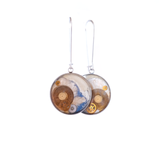 White Abstract Mechanical Drop Earrings with Recycled Watch Parts