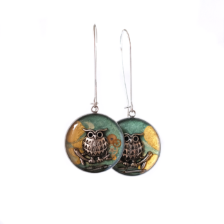 Green and Gold Steampunk Owl Drop Earrings with Watch Parts