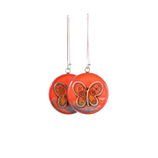 Orange Steampunk Butterfly Drop Earrings with Watch Parts