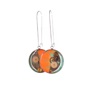 Boucles d’oreilles industrielles orange esprit horloger