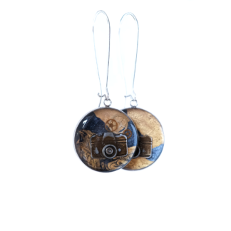 Blue and Gold Vintage Camera Steampunk Earrings