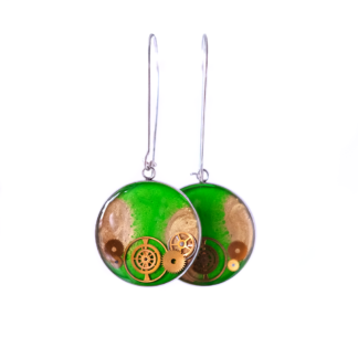 Green and Gold Industrial Gear Earrings