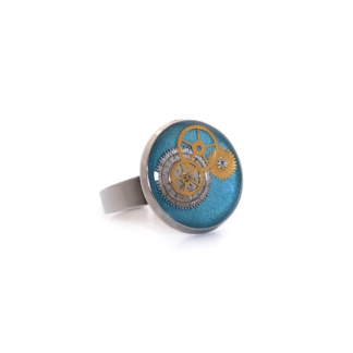 Turquoise Gear Cluster Adjustable Steampunk Ring