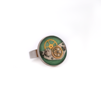 Artisan ring made with recycled watch parts on stainless steel base