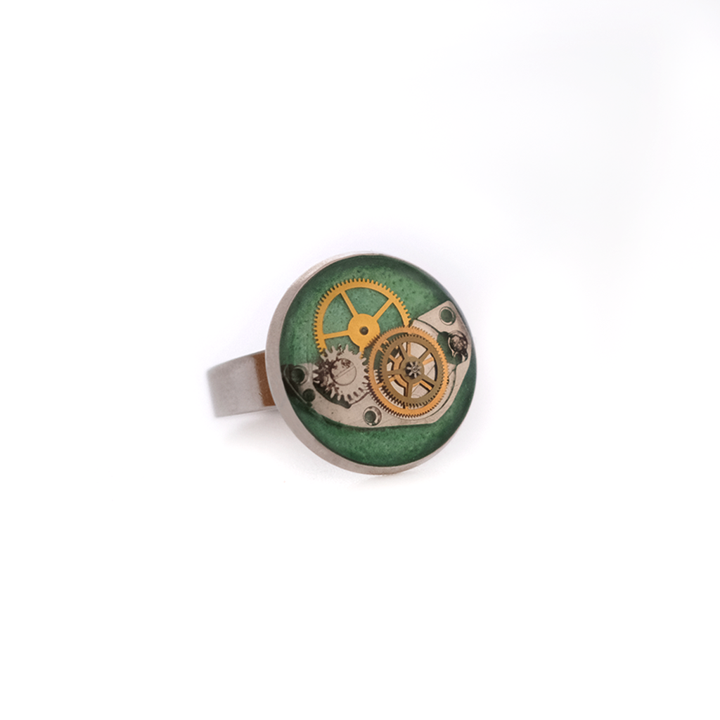 Artisan ring made with recycled watch parts on stainless steel base