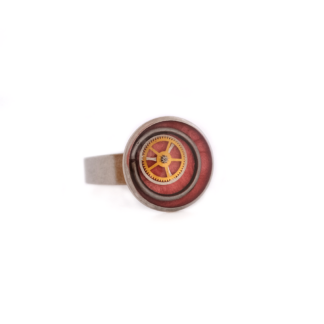 Anillo artistico minimalista rojo y dorado mecanico